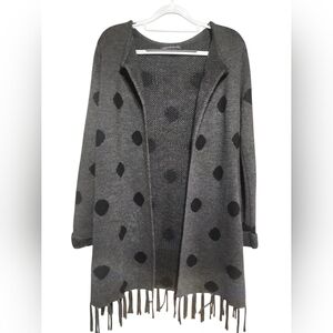 Adrienne Vittadini Women's Gray Polka Dot Knit Duster Cardigan Fringe Hem Size S